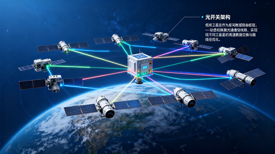 低軌衛星星座光開(kāi)關(guān)部署架構，展示光開(kāi)關(guān)在星間組網(wǎng)中的關(guān)鍵作用