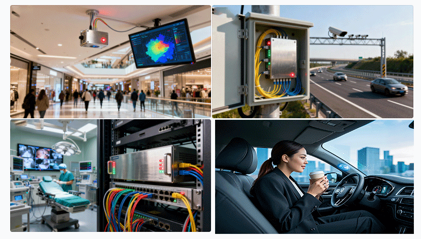 光開(kāi)關(guān)在室內定位、智能交通、醫療通信等典型場(chǎng)景示意圖 - 廣西科毅