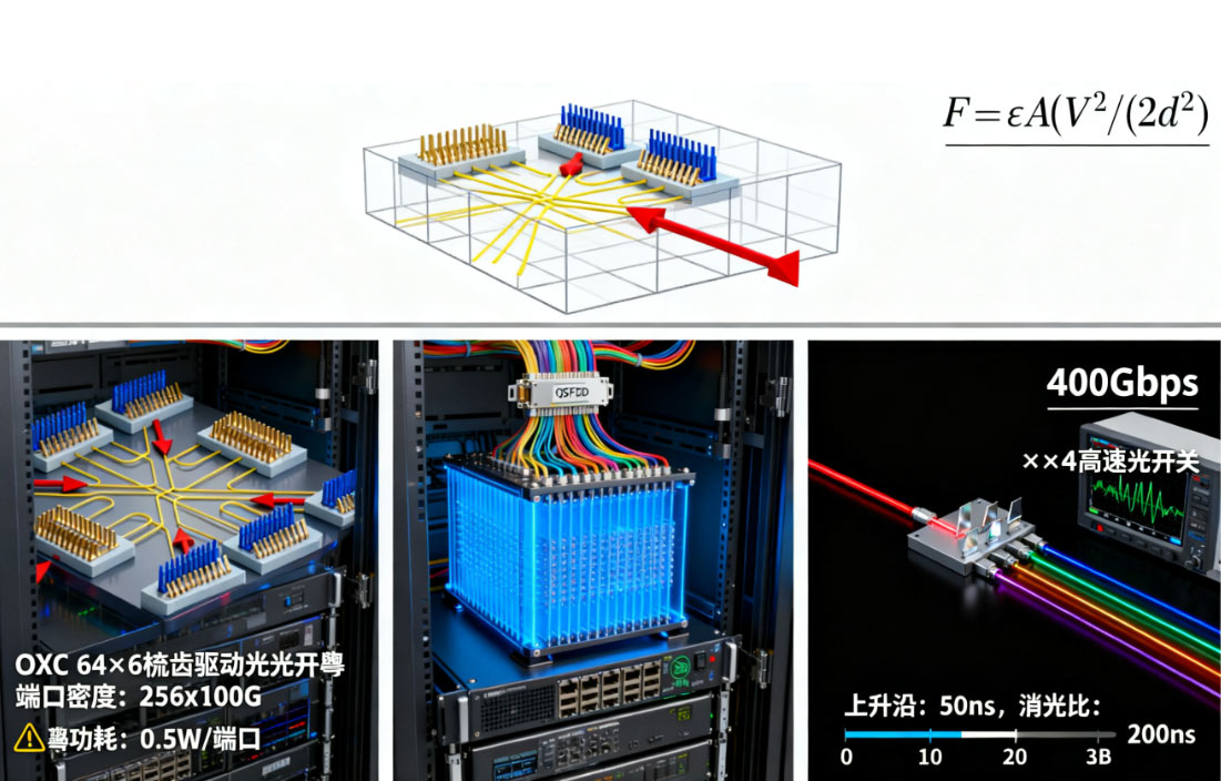 靜電梳齒驅動(dòng)光開(kāi)關(guān)結構示意圖高速光開(kāi)關(guān)數據中心OXC