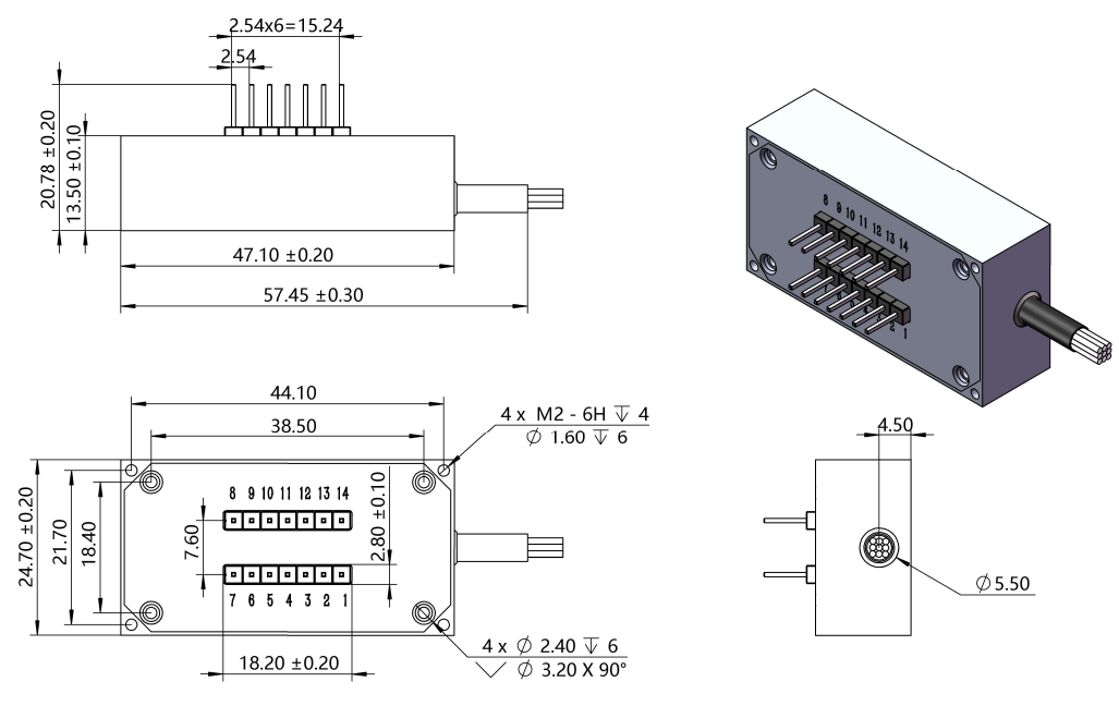 2x6 MEMS光開(kāi)關(guān)模塊尺寸示意 2x6 MEMS光開(kāi)關(guān)模塊尺寸示意